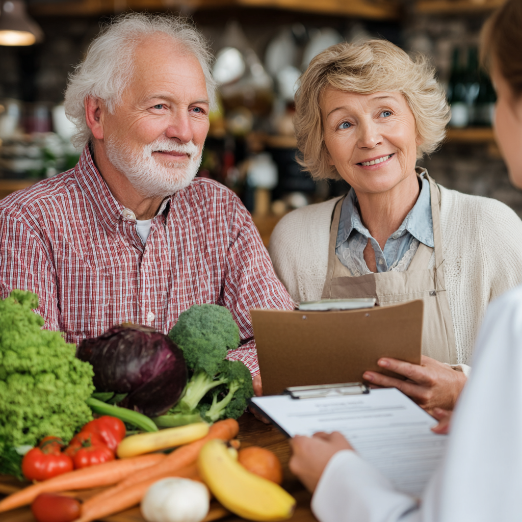 Happy elderly European couple cooking together with fresh herbs and vegetables in their home kitchen