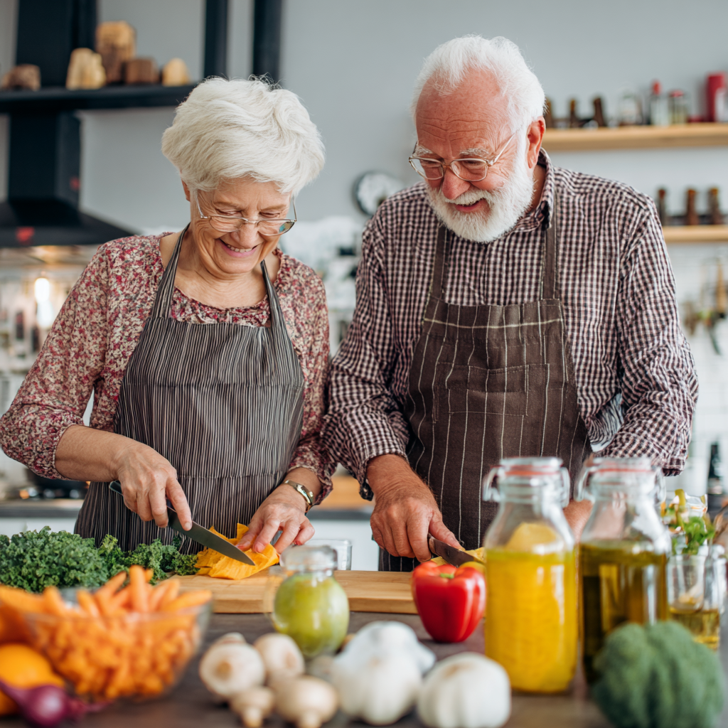 Elderly European man with a gentle smile enjoying a healthy meal outdoors in a garden setting